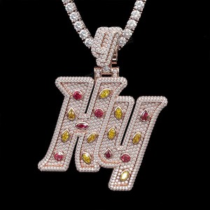 Pendentif Lettre Personnalisé en Argent S925 avec Moissanite VVS Multicolore, Tailles Fantaisie, Mélange Vibrant Rouge Jaune Poire Ovale, Certifié Hiphop - Product Image 1