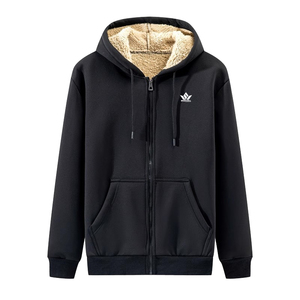 Men's Black Hooded Zip-Up Sweatshirt <b>Fleece</b> <b>Lined</b> Solid Casual Winter <b>Jacket</b> Regular Fit With Front Pockets - Product Image 1