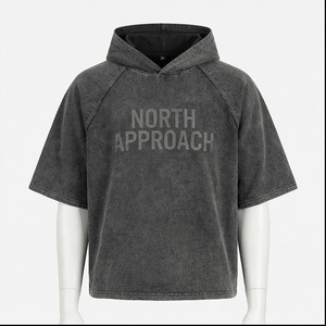North Approach Oversized Crop Hoodie Unisex <b>Raglan</b> Sleeve Washed Cotton Casual Hooded T-Shirt Front Logo Heat-Transfer Printing - Product Image 1