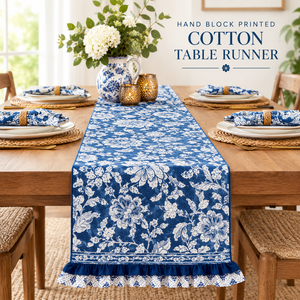 Chemin de table en coton floral vintage durable et personnalisable, fabriqué à la machine |   Nappe en lin bleu pour la décoration de table en gros - Product Image 1