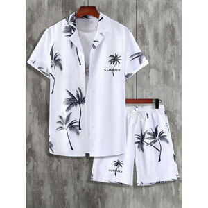 Conjunto de Camiseta y Pantalones Cortos de Verano para Hombre, Estilo Casual, Color Sólido, Estampado Moderno, Algodón y Lino, Diseño Casual Inspirado en Diseñadores - Product Image 6