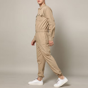 Custom Logo Printed Men <b>Beige</b> Long Sleeve Coverall <b>Jumpsuit</b> With Chest Pockets And Elastic Waistband - Product Image 1