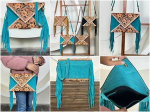 Best Selling Hand Tooled Suede Leather Crossbody Fringe Envelope <b>Bag</b> Western Genuine Leather Floral Carved Bohemian Shoulder <b>Bag</b> - Product Image 3