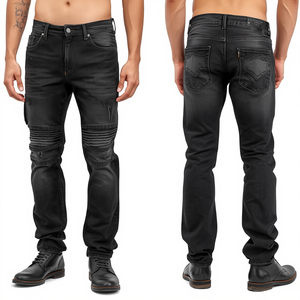 Pantalon en jean premium pour homme, effet vieilli, avec empiècements renforcés, en tissu de coton épais et coupe moderne. - Product Image 3