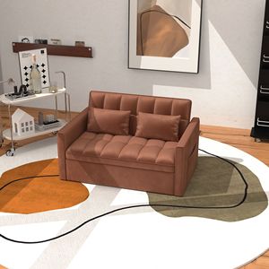 Corduroy <b>Double</b> Sleeper Sofa with Pull-Out Bed 2 Soft <b>Pillows</b> Side Storage Pocket - Product Image 1