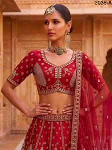 <b>Red</b> Floral Print Embroidered Organza Lehenga Choli with <b>Crop</b> <b>Top</b> and Dupatta Floor-Length A-Line for Bridesmaid 3036-A - Product Image 2