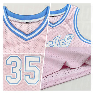 Maillot de basket authentique rétro rose clair, blanc et bleu clair personnalisé pour hommes et femmes, sans manches - Product Image 4