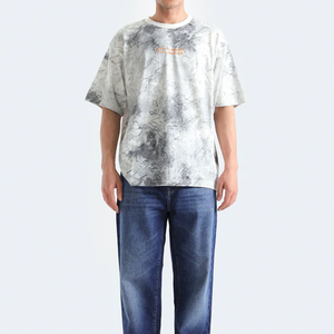 T-shirt en coton structuré à épaules tombantes, col rond, manches courtes, imprimé délavé, style hip-hop, coupe oversize - Product Image 1