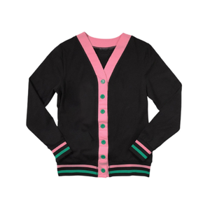 Cardigan col V boutonné pour université, noir avec accents rose et vert, style sororité classique, hiver, logo frontal, confortable, tricot style Letterman - Product Image 1