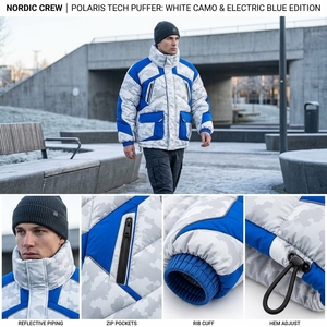 <b>Mens</b> Color Block Puffer <b>Jacket</b> Quilted Winter Coat Blue White Insulated Full Zip Utility Pocket Outdoor Fashion <b>Jacket</b> - Product Image 6