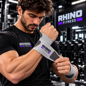 สายรัดข้อมือซ้าย Rhino Fitness สีเทา ผ้าฝ้าย ปรับได้ด้วยแถบตีนตุ๊กแก สำหรับยกน้ำหนัก - Product Image 6