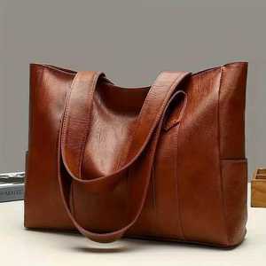Bolso Tote Casual de Cuero Genuino, Gran Capacidad, Cierre Abierto, Correa para el Hombro, Estilo Minimalista, Uso Diario, Color Marrón, para Mujer - Product Image 4