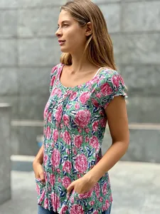 Haut en coton à imprimé floral vert et rose pour femme, style bohème, manches courtes, plissé, chemisier d'été décontracté avec poches - Product Image 2