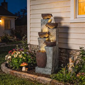 Fontana da Giardino Stile Europeo, Alta 130 cm, a 5 Livelli con Cascata e Luci LED, in Pietra - Product Image 2