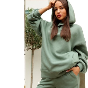 Top quality women 80% cotton 20% polyester fleece plain oversized hoodie & joggers trousers sweatsuits set - Product Image 1
