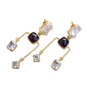 Boucles d'oreilles pendantes en laiton, zircon, pierre naturelle, perle d'eau douce, pompon, plaqué rhodium, faites à la main, cadeau classique, vente en gros - Product Image 2
