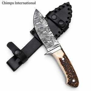 Cuchillo de caza hecho a mano de acero de Damasco, hoja fija con punta de clip y mango de cuerno de ciervo |   Cuchillo Táctico de Supervivencia para Camping OEM OBM EDC - Product Image 2