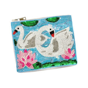 Monedero con Cuentas y Bordado de Pájaro, Bolsa Decorativa Floral, Bolso de Mano con Lentejuelas Azules, Cierre de Cremallera, Forro de Algodón Rectangular, Gran Capacidad - Product Image 6