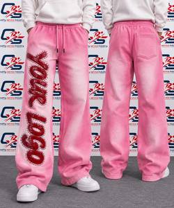Pantalones deportivos holgados de cintura alta para hombre, pantalones jogger de pierna ancha con costuras en zigzag, logo con tachuelas y tela lavada - Product Image 3