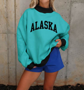 Service OEM, logo personnalisé, polaire à manches longues oversize bicolore en polyester et coton de haute qualité, col montant à revers français, avec badge à sequins - Product Image 3