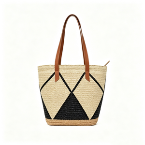 Customized Geometric diamond line woven straw tote <b>bag</b>, contrast graphic straw <b>basket</b> shopper, trapezoid woven tote - Product Image 2