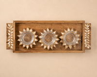 Plateau de service rectangulaire en bois avec incrustation florale, 3 porte-verres, ensemble décoratif rustique, design en bois artisanal