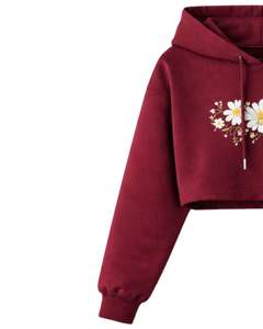 Women <b>Burgundy</b> Crop <b>Hoodie</b> Shorts Set Floral Embroidery Casual Two Piece Outfit Cotton Fleece Lounge Wear Wholesale Manufacturer - Product Image 3