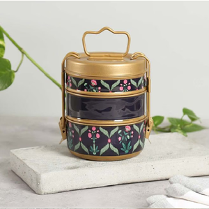 Magenta brass tiffin <b>box</b>, 3 tier ethnic design food carrier, antique geometric pattern metal lunch <b>box</b>, at wholesale prices. - Product Image 4