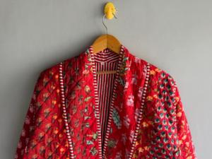 Red Floral Quilted <b>Jacket</b> With <b>Mandarin</b> <b>Collar</b> Three Quarter Sleeve Winter Women's Outerwear gift for her - Product Image 4