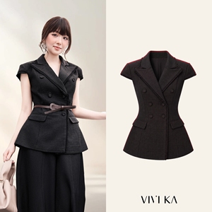 Chaleco Blazer Negro de Doble Botonadura para Mujer, con Manga Casquillo, Cuello de Solapa y Cierre de Botones, para Otoño, Modelo ELENA, ODM OEM - Product Image 1