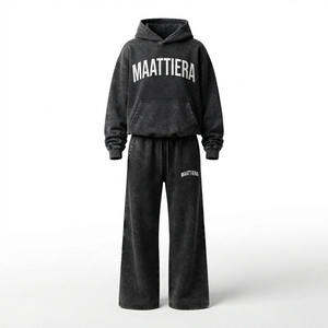 Conjunto de Sudadera con Capucha Oversize Negra Lavada y Pantalones Anchos de Felpa para Mujer, Chándal de Algodón, Venta al por Mayor OEM ODM - Product Image 4