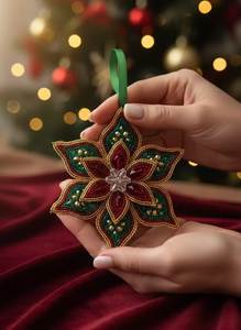 Handmade Velvet Beaded Autumn Leaf Christmas Ornament 4inch Nature Decor - Product Image 3