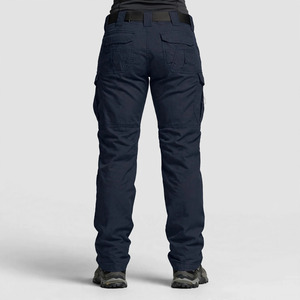 Pantalon cargo bleu foncé pour femme, coupe droite, longueur intégrale, plusieurs poches, fermeture éclair, style utilitaire, mélange polyester-coton, séchage rapide - Product Image 2