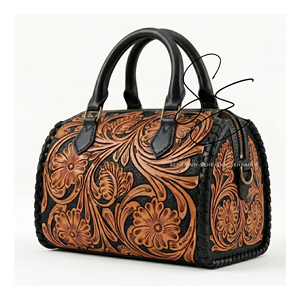 Sac de voyage mini en cuir véritable double tonalité style western, avec fermeture éclair en cuir repoussé, sac Speedy tendance en cuir de vachette noir de taille moyenne pour cowgirl - Product Image 1