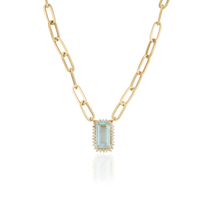 Collar con colgante de clip de oro amarillo K14 auténtico con aguamarina y diamantes en racimo, diseño de moda con engaste de puntas, piedra de nacimiento de marzo - Product Image 3