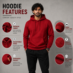 Sweat à capuche rouge en coton pour homme avec poche kangourou, poignets côtelés et doublure en polaire douce pour un usage décontracté - Product Image 6