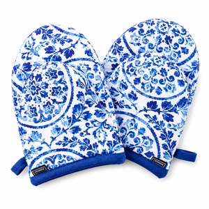 Blue Floral Mini Oven Mitts Set 12x14 cm | Heat Resistant Cotton Kitchen Gloves <b>Pot</b> <b>Holders</b> for Baking Cooking BBQ Microwave Use - Product Image 1
