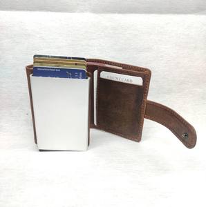 Genuine Leather RFID Blocking Metal Pop up Push Button <b>Credit</b> <b>Card</b> Holder <b>Wallet</b> Crazy Horse Cow Hide Purse Man Custom Wholesale - Product Image 4