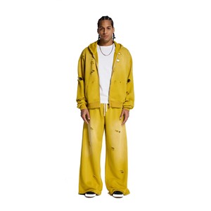 Conjunto de chándal amarillo para hombre con capucha y cremallera, estilo desgastado, corte holgado, cremallera completa, ropa urbana, color sólido, algodón, otoño - Product Image 1