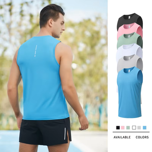 Custom Logo Sporty Breathable Knitted Sleeveless Light Weight Men's Training Tank <b>Tops</b> Back <b>Reflective</b> Strip Cool Dry Running - Product Image 3