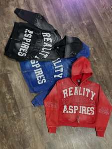 Sudadera con capucha y cremallera Blue Reality Aspires |   Sudadera con Capucha Decorada con Pedrería Estilo Urbano |   Fabricante de Moda Urbana con Etiqueta Privada OEM Personalizada - Product Image 3