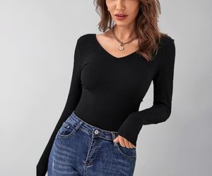 Camiseta informal cómoda con cuello en V y manga larga para mujer, top de moda - Product Image 2
