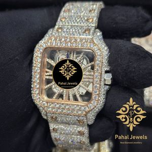 Montre mécanique de luxe Pahal Jewels ETA unisexe, boîtier rectangulaire en acier inoxydable 40 mm, cadran analogique serti de diamants, saphir - Product Image 4
