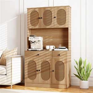 Dispensa in Teak Stile Boho Naturale a 6 Ante con Porte in Rattan PE Moderno e Stazione di Ricarica Integrata, 2 Prese AC e 2 Porte USB - Product Image 3