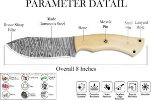 Couteau de chasse artisanal en acier Damas de qualité industrielle OEM à prix abordable avec manche en os crème – Couteau utilitaire à lame fixe pour le camping en extérieur - Product Image 2