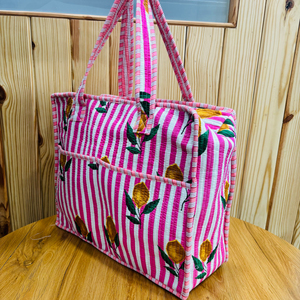 Dolly Enterprises Hand Block Print Quilted Cotton Travel Tote <b>Bag</b> <b>Trolley</b> <b>Sleeve</b> Carry Handbag Floral Shopping Office - Product Image 6