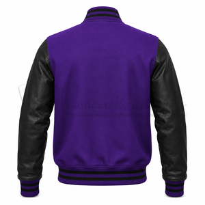 Chaqueta Varsity Personalizada de Lana y Cuero Morado y Negro para Hombre, Chaqueta de Béisbol con Letras Bordadas OEM, Fabricante al por Mayor - Product Image 2