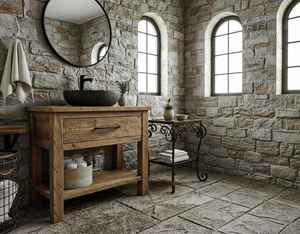 Meuble de salle de bain rustique en bois massif avec vasque simple, rangement sur comptoir et étagère ouverte pour la maison - Product Image 4