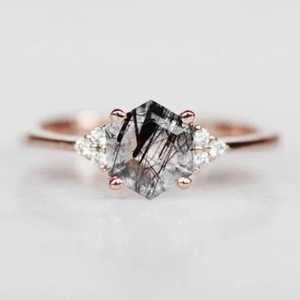 Bague hexagonale en quartz rutilé noir naturel, argent sterling 925, plaqué or 14 carats, bague d'anniversaire de mariage - Product Image 6