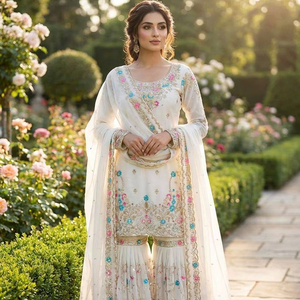 ชุด anarkali sharara ดีไซเนอร์พร้อมงานเรียงตามลำดับด้ายและ dupatta - Product Image 1
